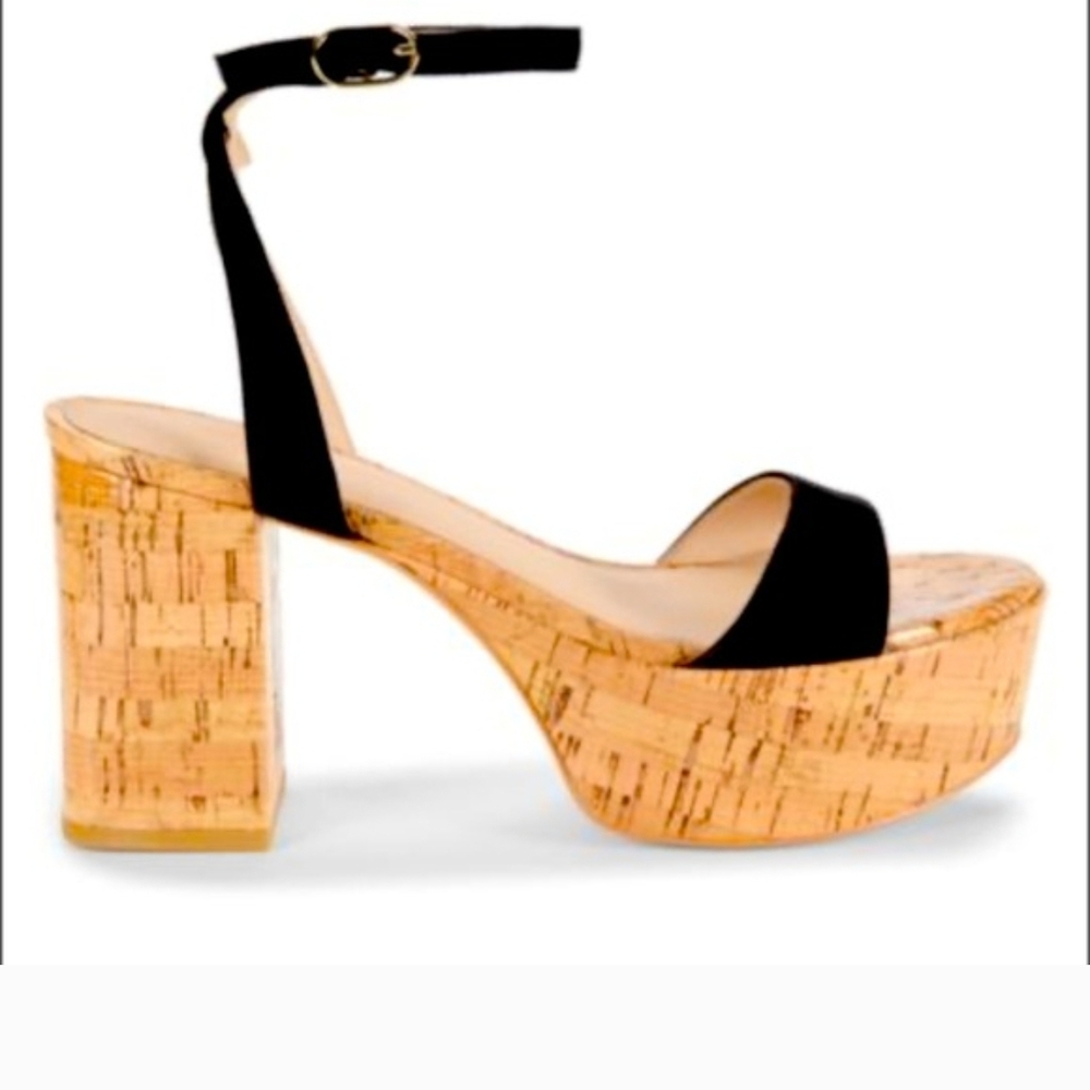 Stuart Weitzman Black Strappy Suede Leather Cork Platform Heel Sandals 10 Women